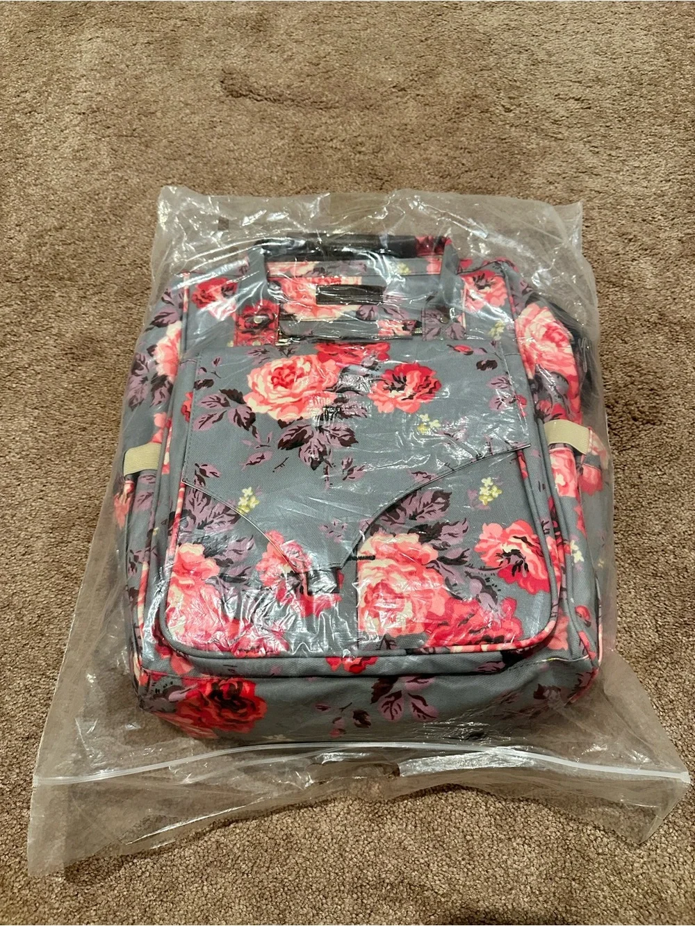 Floral Gray Convertible Diaper Bag - Pink Rose Print